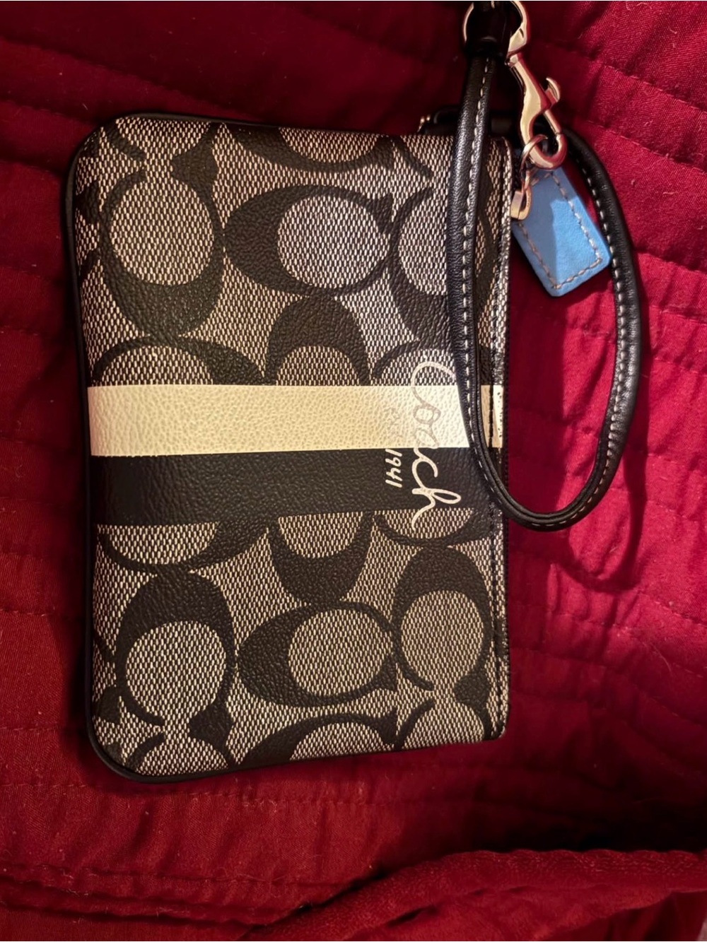 Coach Signature Stripe Wristlet in Black, Tan & Cream